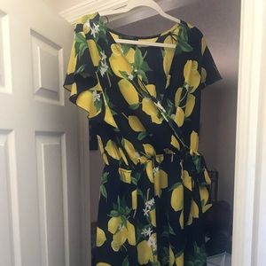 Scobe wrap dress. Navy with lemon print.